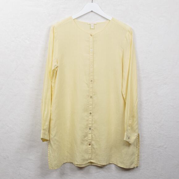 EILEEN FISHER Organic Linen Button Front Tunic Top Butter Yellow Lagenlook Sz S - Picture 1 of 8